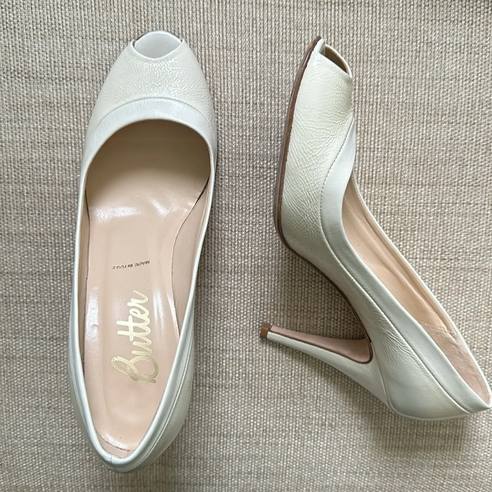 Butter Bridal Peep Toe Pumps Leather Handcrafted in Italy Cream Size 9